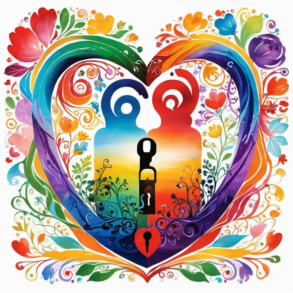 A heart-shaped lock surrounded by swirling vibrant colors representing emotions, with soft silhouettes of a couple embracing in the background. The lock opens, releasing tendrils of light that symbolize connection and intimacy. Include elements of nature like blooming flowers to signify growth, and delicate heart motifs floating around. super-realistic. vibrant colors. white background.