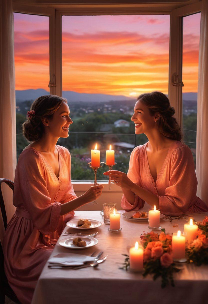 A romantic candlelit dinner setting with two elegantly dressed individuals sharing a laugh, surrounded by soft, glowing candles and delicate flowers. In the background, a sunset view through a window adds warmth to the scene, symbolizing passion and connection. The ambiance should exude intimacy and affection, with vibrant hues of orange and pink in the sky. super-realistic. warm colors. cozy atmosphere.