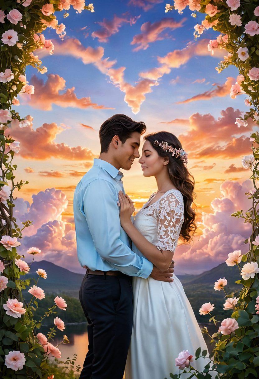 A couple embracing in a serene sunset, surrounded by heart-shaped clouds and blossoming flowers, symbolizing love and growth. Soft light illuminating their joyful expressions, creating an atmosphere of connection and trust. Visual metaphors like intertwined vines and a glowing heart in the background, representing lasting romance and transformation. pastel colors. dreamy style. romantic atmosphere.